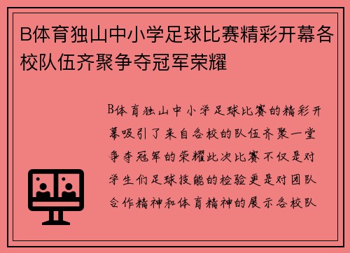 B体育独山中小学足球比赛精彩开幕各校队伍齐聚争夺冠军荣耀